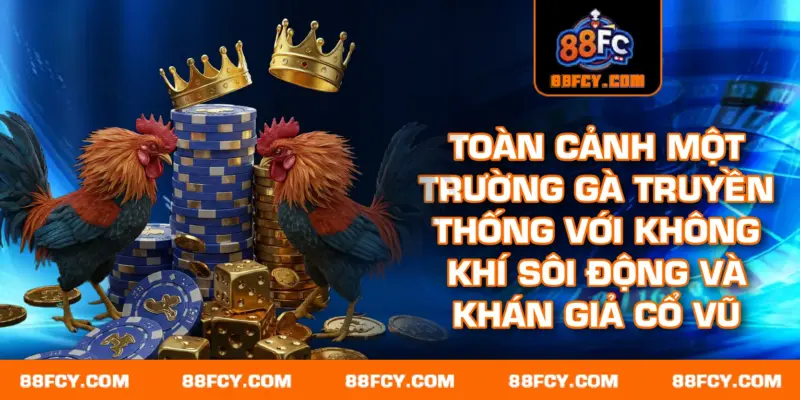 Toàn cảnh một trường gà truyền thống với không khí sôi động và khán giả cổ vũ